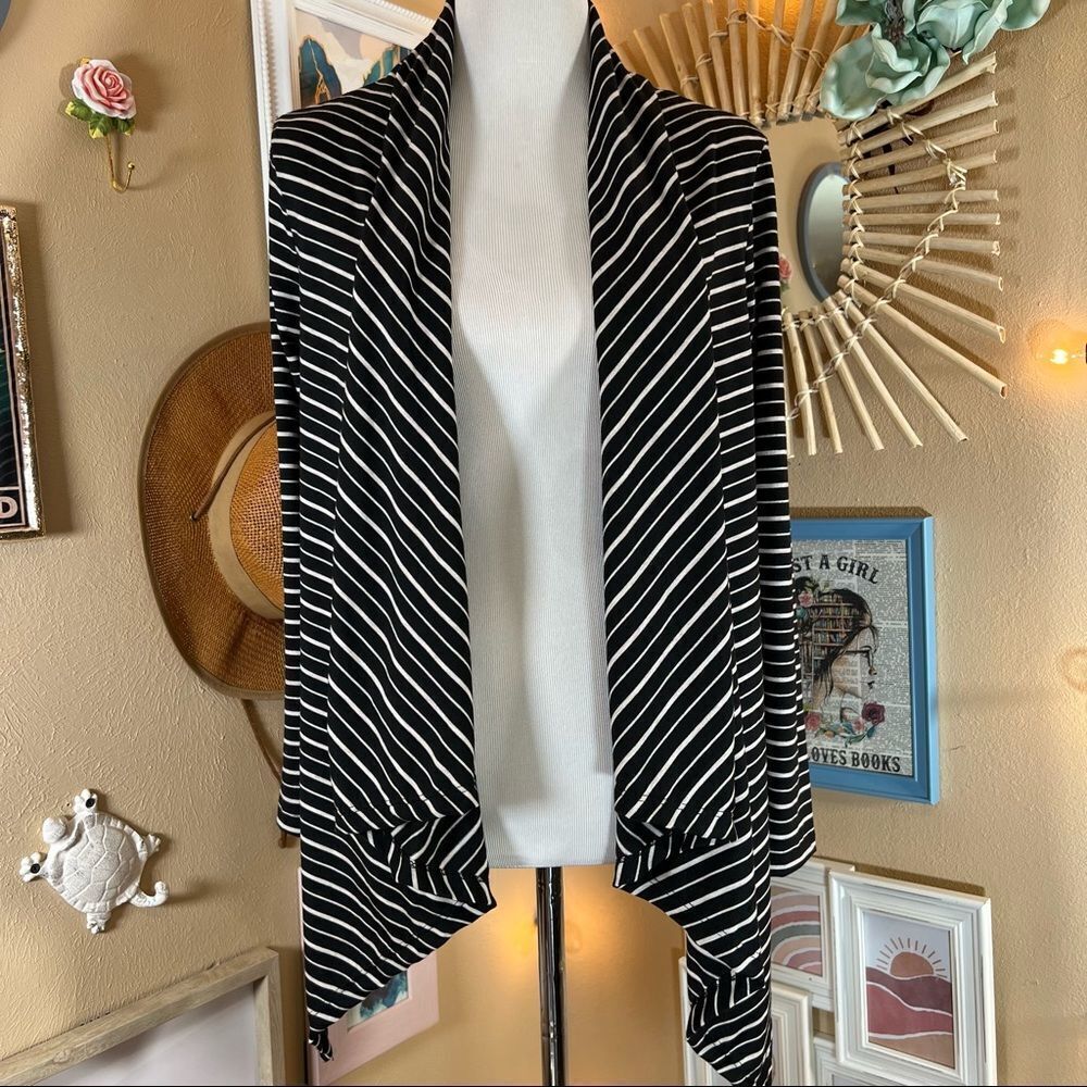 Black and White Striped Lightweight Knit Waterfall Cardigan